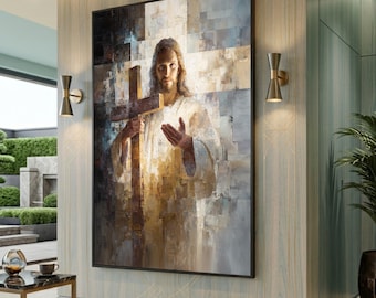 Jesus with Cross Canvas Art, Abstract Christian Religious Decor, Large Canvas Wall Art, Oversized Statement Piece