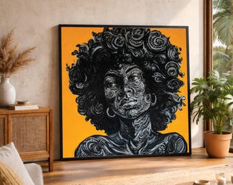 African Woman Portrait Canvas, Black and White Abstract Art, Bold Orange Decor, Large Canvas Wall Art, Oversized Statement Piece