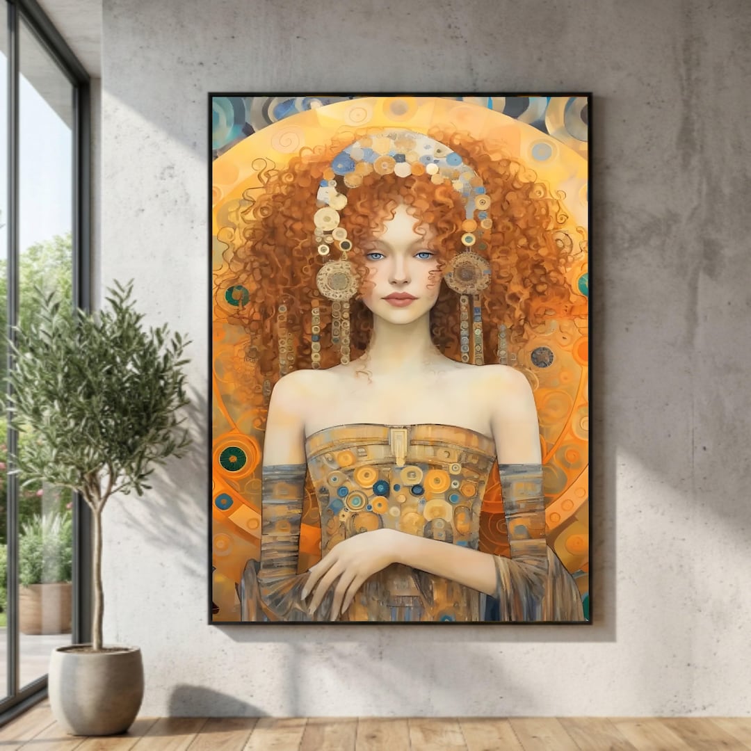 Gustav Klimt Style Portrait Canvas Wall Art, Red Curly Hair Woman ...