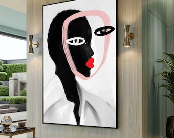 Retrato abstracto de mujer negra, lienzo artístico, decoración moderna para el hogar, lienzo grande para pared, pieza llamativa de gran tamaño.