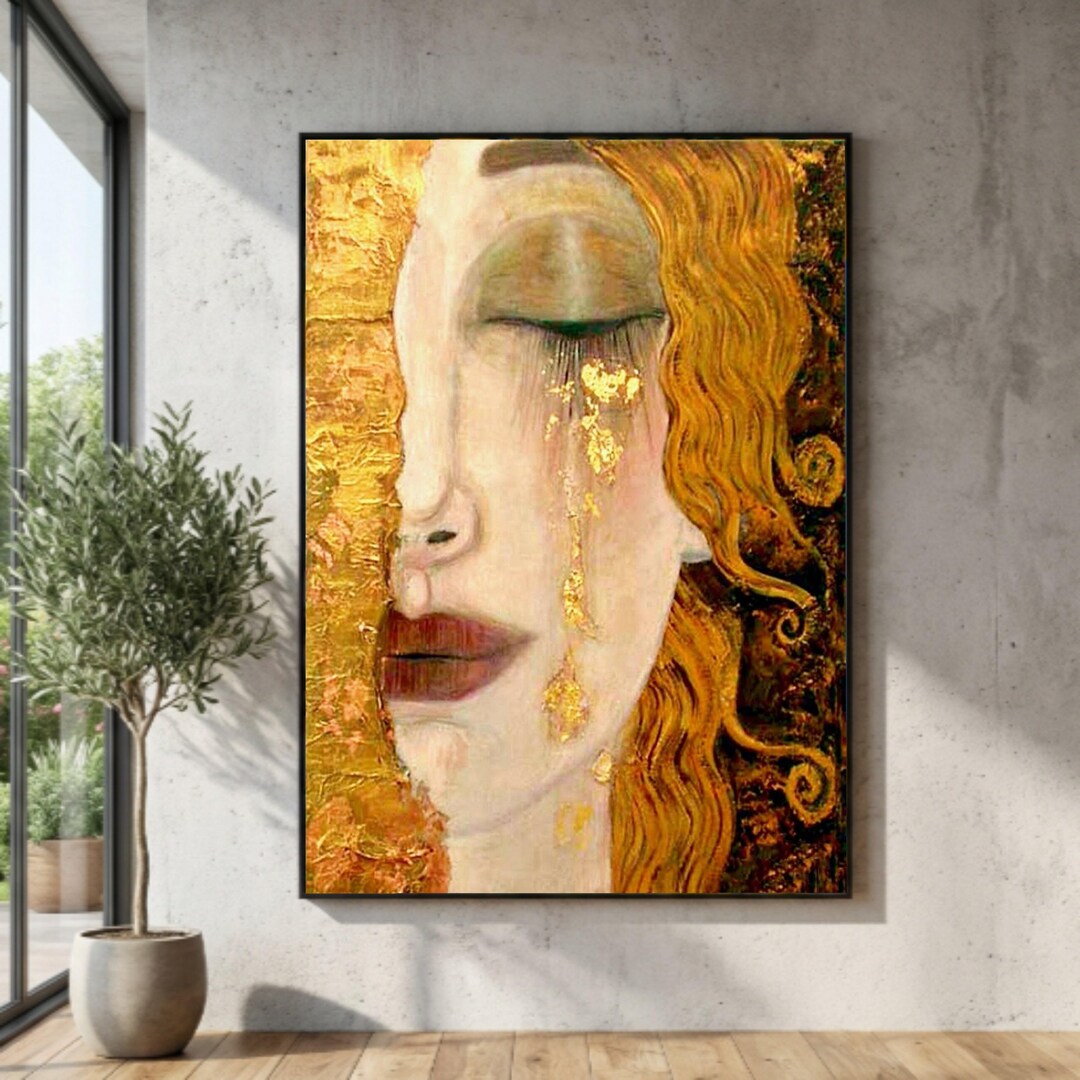 Klimt Inspired Golden Tears Canvas Print, Abstract Face Art, Large ...