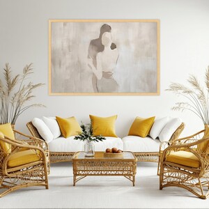 Abstract Couple Embrace Canvas, Minimalist Romantic Wall Art, Neutral Tones Canvas, Modern Love Silhouette, Elegant Home Decoration image 3