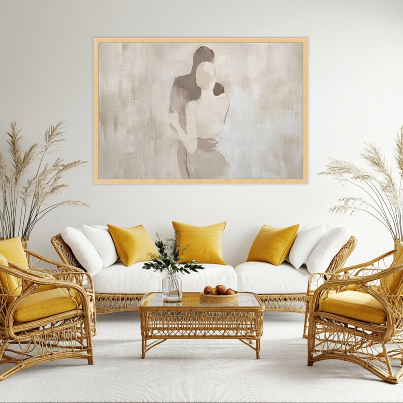 Abstract Couple Embrace Canvas, Minimalist Romantic Wall Art, Neutral Tones Canvas, Modern Love Silhouette, Elegant Home Decoration image 3