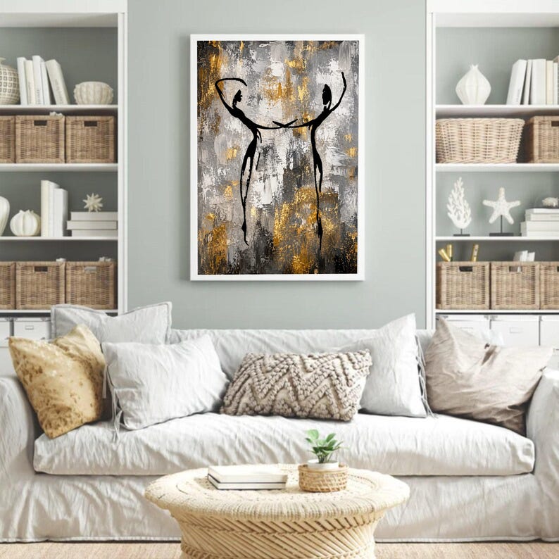 Abstract Human Connection Canvas, Modern Black Silhouette Art, Gold ...