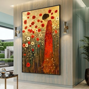 Impresión en lienzo de Klimt sobre un campo de amapolas rojas, mujer con vestido floral, arte moderno, lienzo grande para pared, pieza llamativa de gran tamaño.