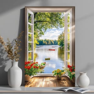 Può includere: Un'opera d'arte incorniciata raffigurante una serena scena lacustre vista attraverso una finestra aperta. L'opera presenta un pavimento in legno, fiori rossi e gialli in vaso e una vista di barche sull'acqua. La cornice della finestra è bianca.