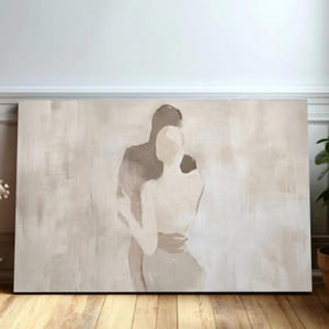 Abstract Couple Embrace Canvas, Minimalist Romantic Wall Art, Neutral Tones Canvas, Modern Love Silhouette, Elegant Home Decoration image 2