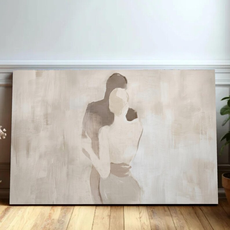 Abstract Couple Embrace Canvas, Minimalist Romantic Wall Art, Neutral Tones Canvas, Modern Love Silhouette, Elegant Home Decoration image 2