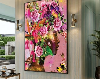 Bloemen kroon vrouw portret canvas, botanische kunst aan de muur, grote canvas kunst aan de muur, extra groot statement stuk