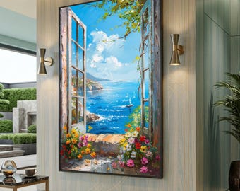 Mediterranean Coastal View Canvas Print, Floral Window Art, Large Canvas Wall Art, Oversized Statement Piece
