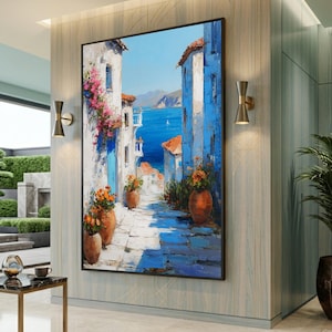 Mediterranean Village Canvas Print, Coastal Home Decor, Large Canvas Wall Art, Oversized Statement Piece