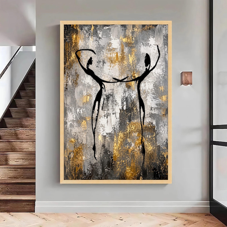 Abstract Human Connection Canvas, Modern Black Silhouette Art, Gold ...