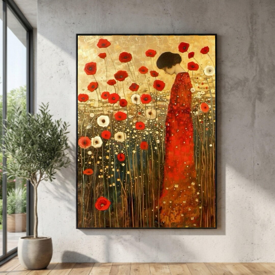 Klimt Red Poppy Field Canvas Print, Woman in Floral Dress, Modern Art ...