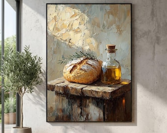 Rustic Bread and Olive Oil Canvas Print, Farmhouse Kitchen Wall Art, Large Canvas Wall Art, Oversized Statement Piece