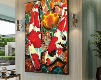 Lebendige Koi Fisch Leinwand Kunst, große Leinwand Wandkunst, übergroßes Statement Piece