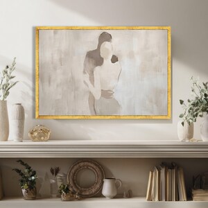 Abstract Couple Embrace Canvas, Minimalist Romantic Wall Art, Neutral Tones Canvas, Modern Love Silhouette, Elegant Home Decoration image 4