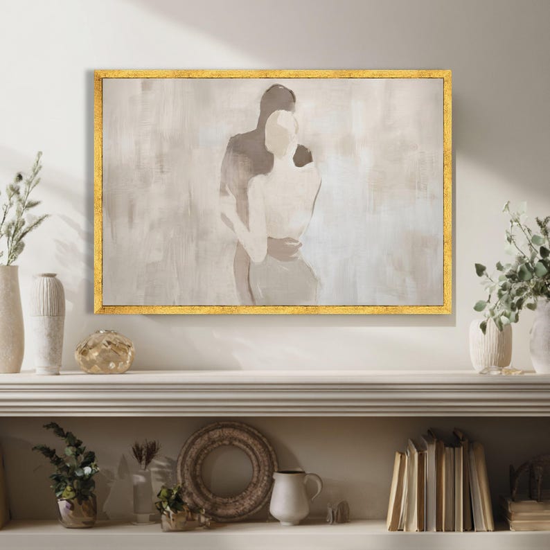 Abstract Couple Embrace Canvas, Minimalist Romantic Wall Art, Neutral Tones Canvas, Modern Love Silhouette, Elegant Home Decoration image 4