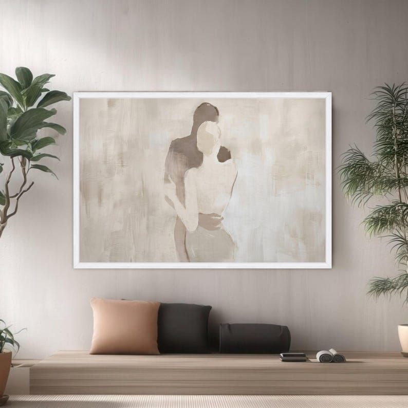 Abstract Couple Embrace Canvas, Minimalist Romantic Wall Art, Neutral Tones Canvas, Modern Love Silhouette, Elegant Home Decoration image 1