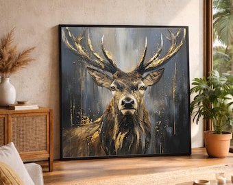 Gold Accent Stag Canvas Art, Rustic Wildlife Portrait, Large Canvas Wall Art, Oversized Statement Piece