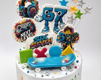 Gaming Cake Topper Set, 6th 7th Birthday Cake Decorations, Gamer Controller Headphones Skateboard Stars, Boys Birthday Cake Decor