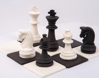 Chess Cake Topper Set, Fondant Chess Pieces, Black and White Chess Cake Decorations, Chess Birthday Cake Decor