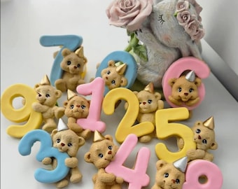 Fondant teddy bear cake toppers with a number 2d cake toppers for a boy and girl