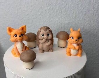 Fondant Forest Animals Set cake topper Edible Woodland Cake Toppers • Fox, Squirrel, Hedgehog & Mushrooms •