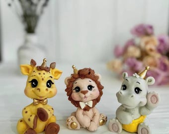 Fondant Safari Edible Cake Topper – Lion, Giraffe & Hippo decor for a birthday cake