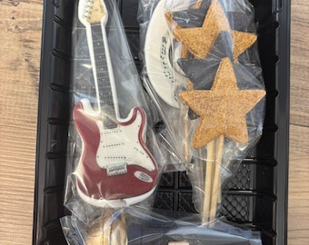 Rock Star Cake Toppers – Edible Guitar & Microphone Fondant Decorations – Music Birthday Cake Topper Set – Rock Music Party