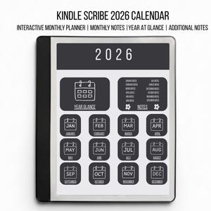Peut inclure: Un Kindle Scribe affichant un calendrier 2026. L'écran présente une vue annuelle, des planificateurs mensuels et des notes supplémentaires. Le calendrier comprend les mois de janvier à décembre, avec un design noir et blanc.