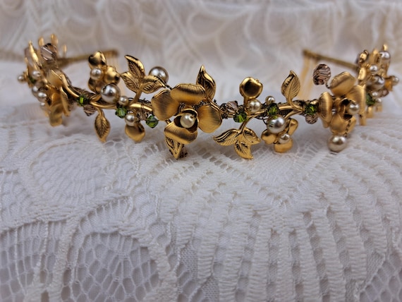Old Gold Tiara with Gems, Beads, and Flowers Bridal