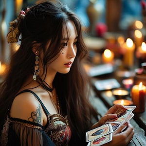 Puede incluir: Una mujer con cabello largo y oscuro y aretes elaborados sostiene cartas del tarot. Lleva un vestido negro y rojo con un corpiño decorativo y un tatuaje en el hombro. Velas encendidas crean un ambiente cálido y místico.