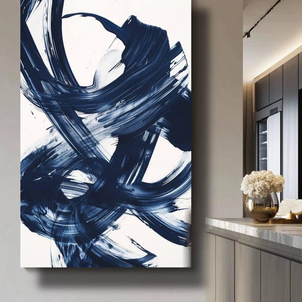 Abstrakter Kunstdruck in Blau, minimalistische Pinselstrichmalerei, modernes neutrales Kunstwerk, marineblaue Dekoration, skandinavische Kunst, digitaler Download