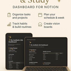 Può includere: Dashboard Aesthetic Life & Study per Notion, visualizzato su tablet e laptop. Il dashboard presenta sezioni per organizzare attività, pianificare orari, monitorare le abitudini e creare vision board. Il testo "Aneure" è in basso.