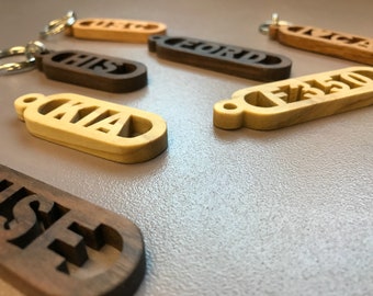 Personalized Key Chain, Key Fob, Handmade for you. Your name, a sports team or a Special word or two. Hand cut on a Scroll saw