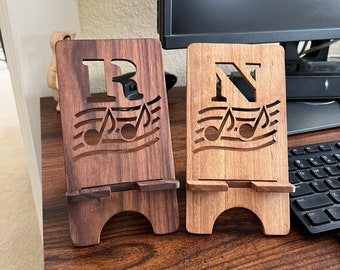 Phone stand with initial and large phones, choice of wood