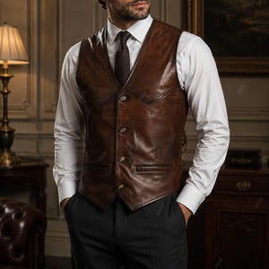 Men’s Brown Leather Vest – 100% Lamb, Handcrafted Soft Sheepskin Cowboy Waistcoat, Jerkin Style