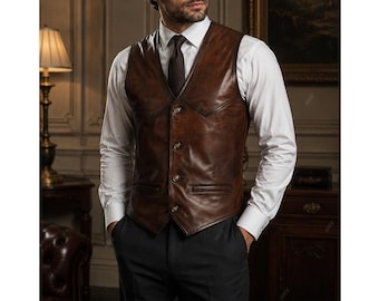 Men’s Brown Leather Vest – 100% Lamb, Handcrafted Soft Sheepskin Cowboy Waistcoat, Jerkin Style