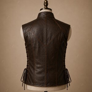 May include: A dark brown sleeveless vest featuring a high collar, vertical seam detailing, and side panels with integrated lacing that ties at the bottom. The garment displays a textured finish and is displayed on a mannequin torso.