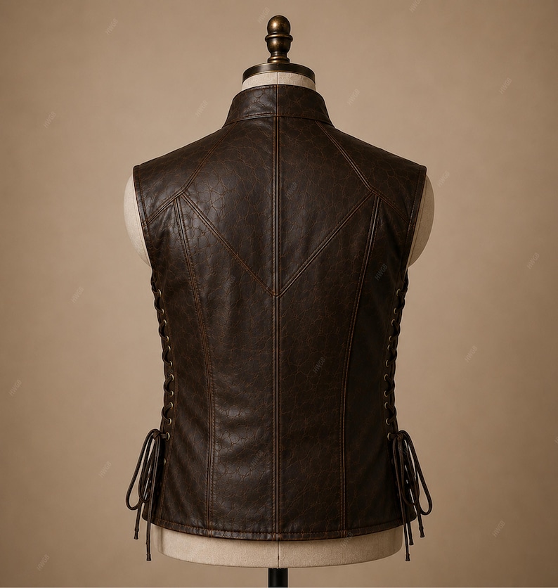 May include: A dark brown sleeveless vest featuring a high collar, vertical seam detailing, and side panels with integrated lacing that ties at the bottom. The garment displays a textured finish and is displayed on a mannequin torso.