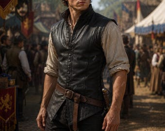 Men's Medieval Leather Renaissance Vest – Handmade Sheepskin Waistcoat, Genuine Lambskin Button Closure