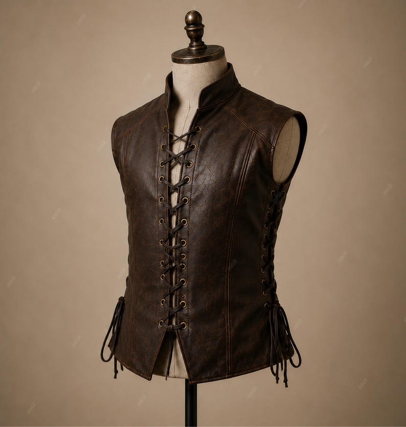 May include: A dark brown sleeveless vest featuring a high collar and a front center lace-up closure with brass-toned metal eyelets. The garment includes side lacing details with matching dark brown cords, finished with a textured, weathered surface.