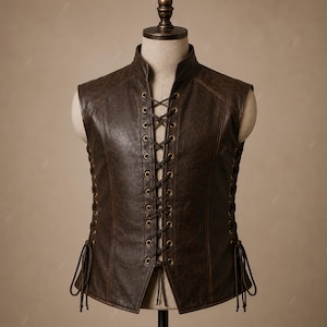 May include: A dark brown sleeveless vest featuring a textured finish, a high collar, and a front closure with crisscross lacing through brass-toned metal eyelets. The sides of the vest also include matching lacing details with hanging cord ends.