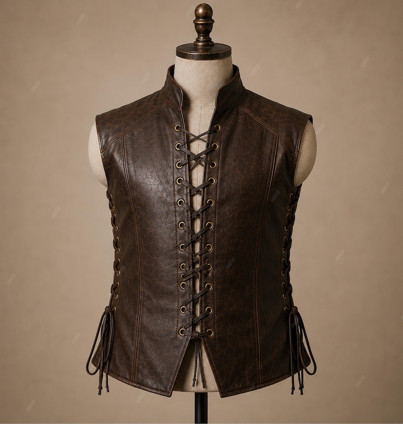 May include: A dark brown sleeveless vest featuring a textured finish, a high collar, and a front closure with crisscross lacing through brass-toned metal eyelets. The sides of the vest also include matching lacing details with hanging cord ends.