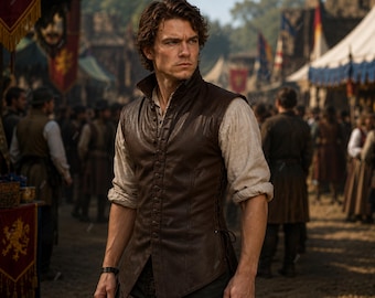 May include: A dark brown leather vest with a high collar and a vertical row of small buttons down the front, worn over a light beige long-sleeved shirt with rolled-up cuffs. The vest features a fitted silhouette with side lacing details.