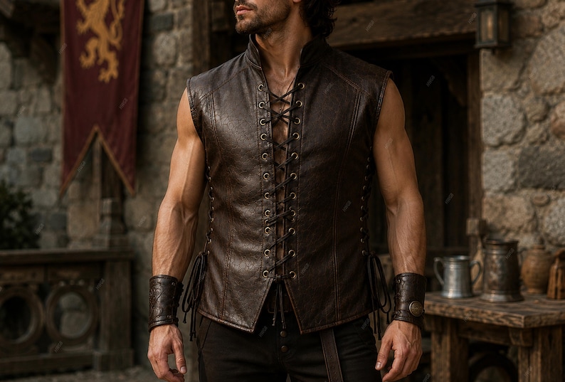May include: A dark brown sleeveless vest featuring a high collar and a front lace-up closure with metal eyelets. The vest is paired with matching dark brown leather wrist cuffs that have a textured surface and a circular metal button detail.