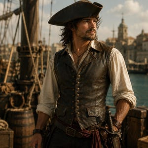 May include: A dark brown leather waistcoat with a row of small metal buttons, worn over a cream-coloured long-sleeved shirt with rolled sleeves. A dark brown tricorn hat sits on the head. A dark belt with a buckle and a red sash are worn at the waist.