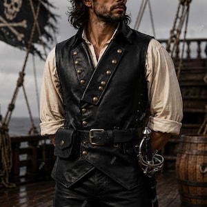 Men's Medieval Pirate Black Leather Vest – Genuine Leather Renaissance Waistcoat | Viking & LARP Costume Vest