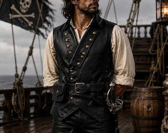 Colete masculino medieval de pirata em couro preto – Colete renascentista em couro genuíno | Colete para fantasia viking e LARP