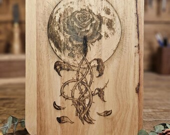 Moon Rose / Gothic Wood Engraving Altar Tile